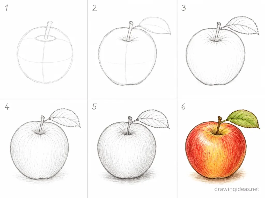 How to draw fruit step by step — 6-step fruit drawing tutorial grid