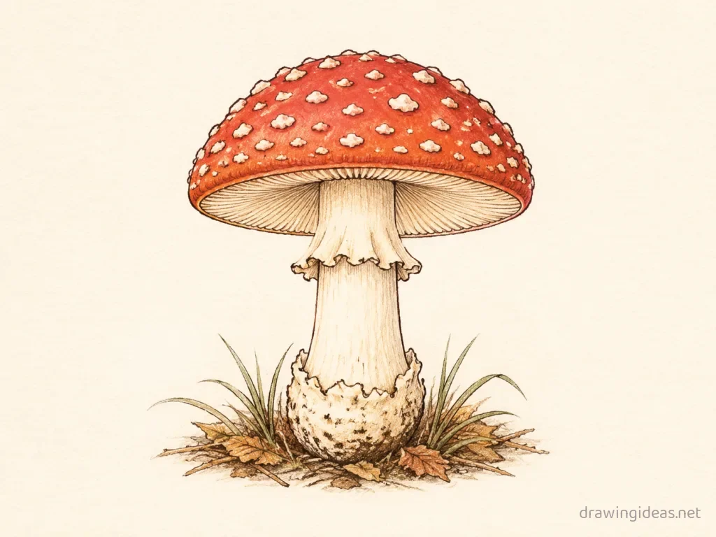 Fungi drawing — hand-drawn fungi illustration with ink lines and soft colors