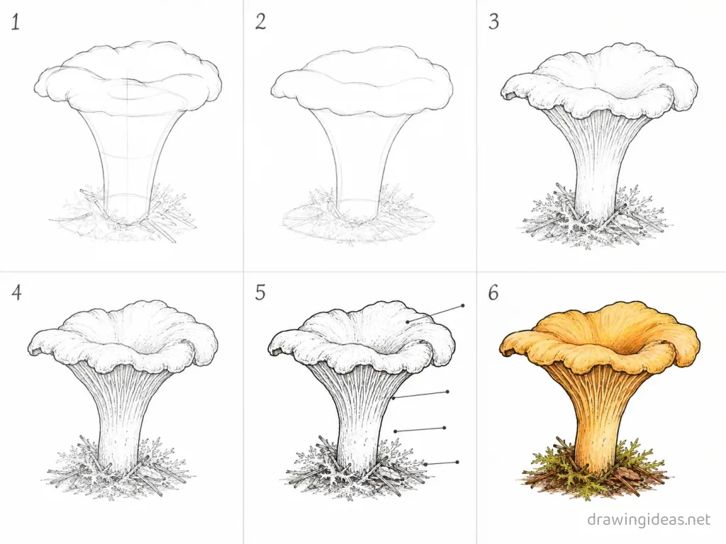 How to draw a fungi step by step — 6-step fungi drawing tutorial grid