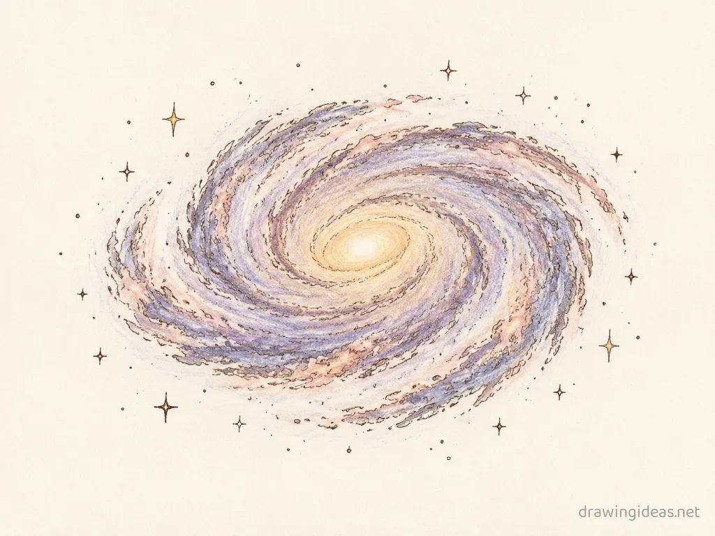 Galaxy drawing — hand-drawn galaxy illustration with ink lines and soft colors