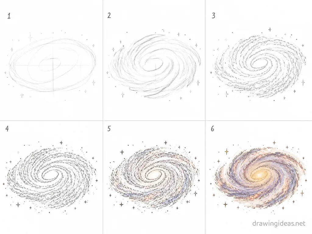 How to draw a galaxy step by step — 6-step galaxy drawing tutorial grid