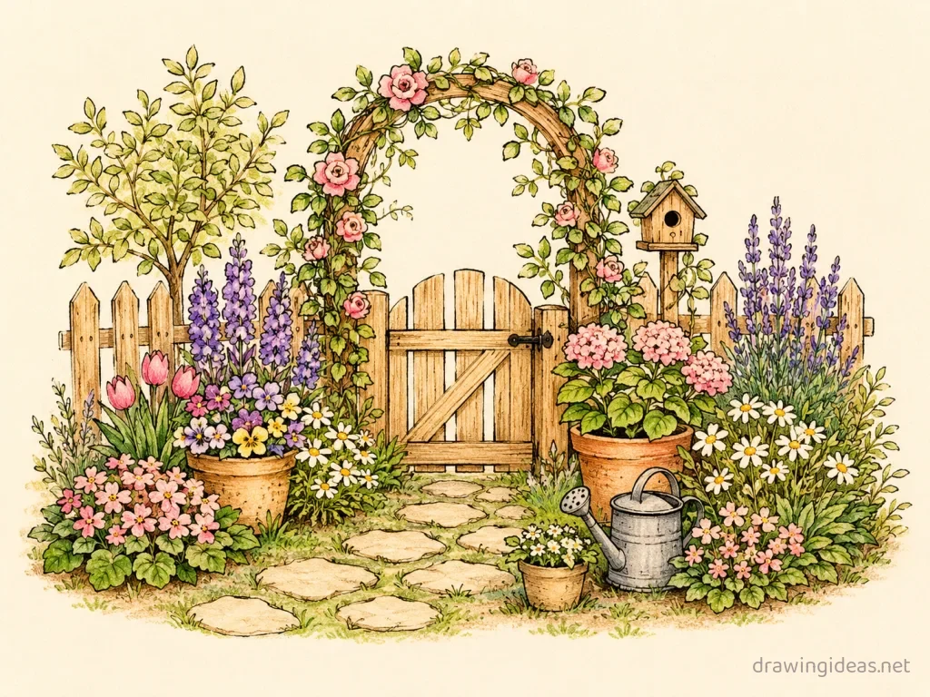 Garden drawing — hand-drawn garden illustration with ink lines and soft colors