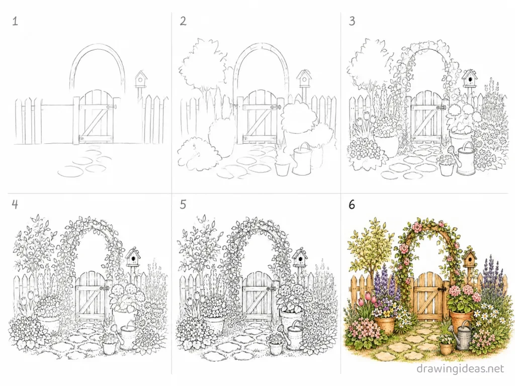 How to draw a garden step by step — 6-step garden drawing tutorial grid