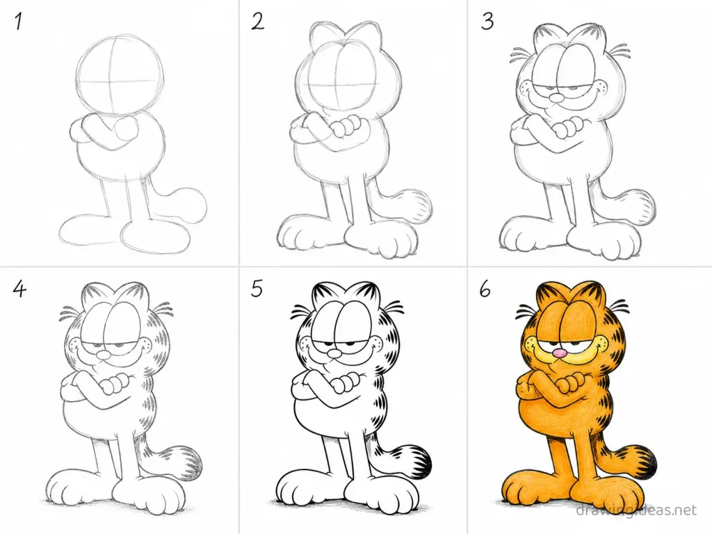 How to draw Garfield step by step — 6-step Garfield drawing tutorial grid