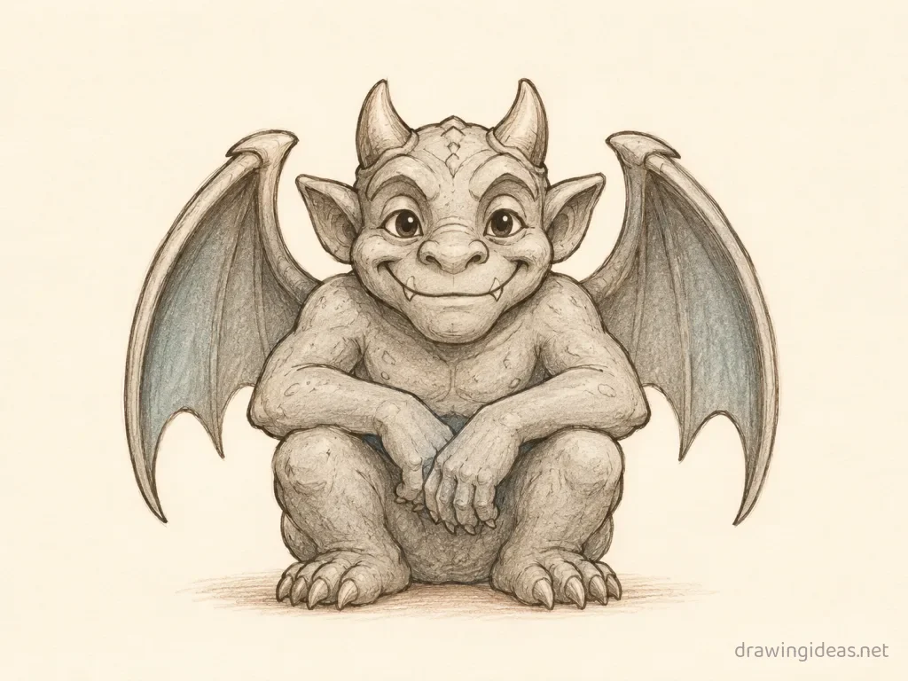 Gargoyle drawing — hand-drawn gargoyle illustration with ink lines and soft colors