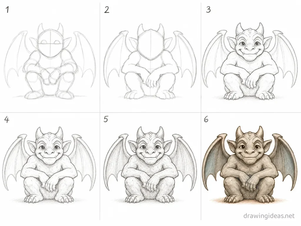 How to draw a gargoyle step by step — 6-step gargoyle drawing tutorial grid