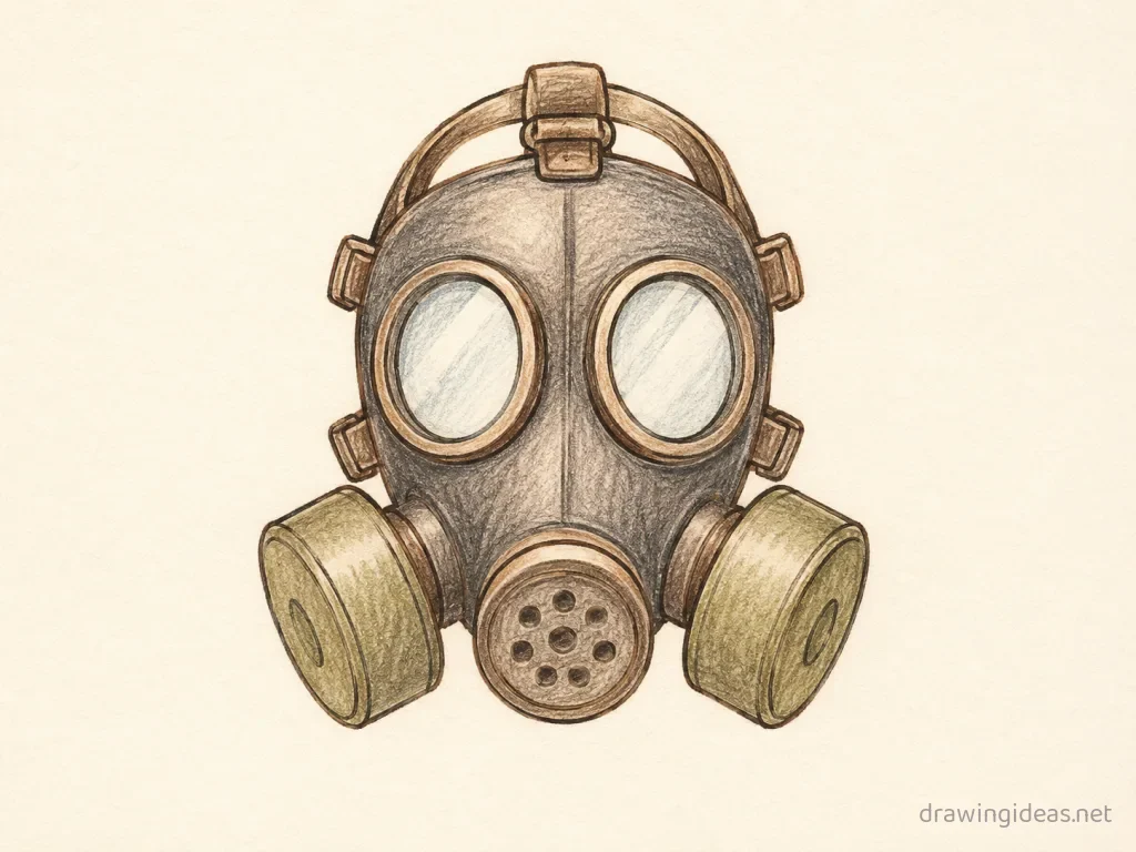 Gas Mask drawing — hand-drawn gas mask illustration with ink lines and soft colors