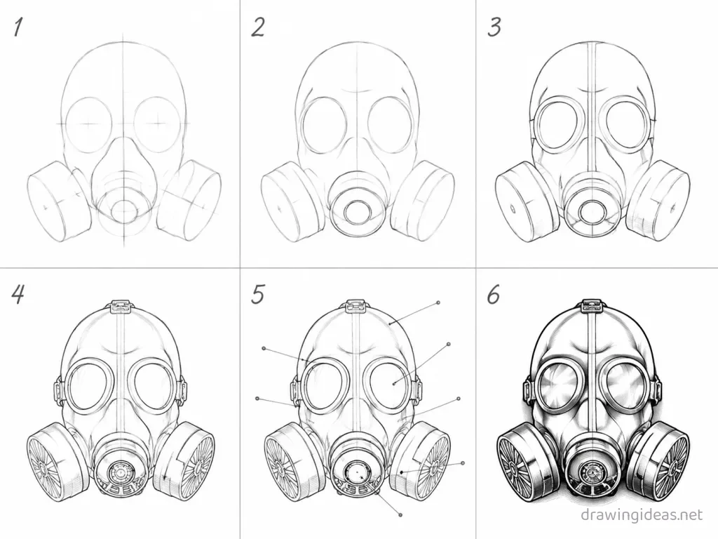 How to draw a gas mask step by step — 6-step gas mask drawing tutorial grid