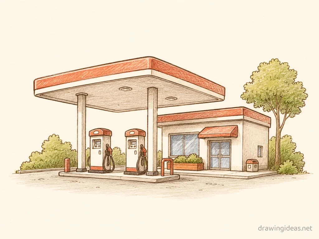 Gas Station drawing — hand-drawn gas station illustration with ink lines and soft colors