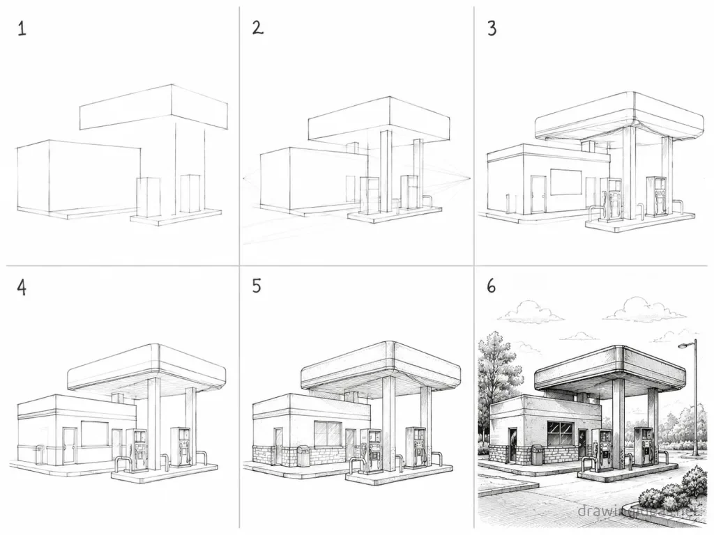How to draw a gas station step by step — 6-step gas station drawing tutorial grid