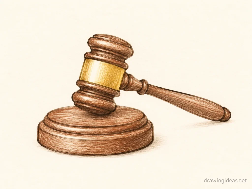 Gavel drawing — hand-drawn gavel illustration with ink lines and soft colors