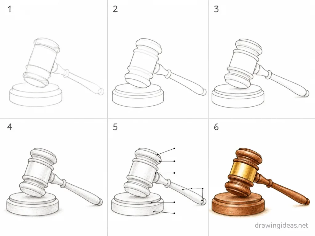 How to draw a gavel step by step — 6-step gavel drawing tutorial grid