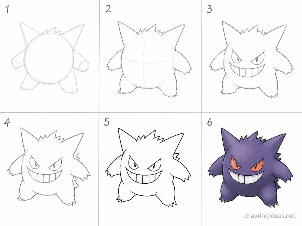 How to draw Gengar step by step — 6-step Gengar drawing tutorial grid