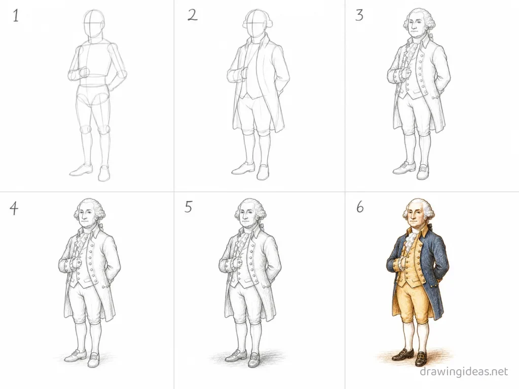 How to draw George Washington step by step — 6-step George Washington drawing tutorial grid