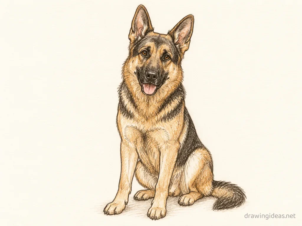 German Shepherd drawing — hand-drawn German shepherd illustration with ink lines and soft colors