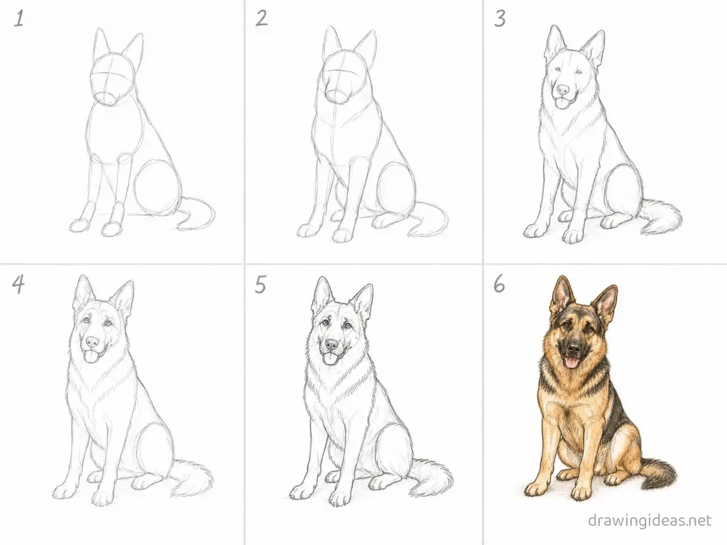How to draw a German shepherd step by step — 6-step German shepherd drawing tutorial grid