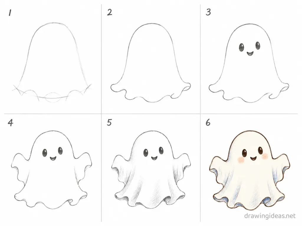 How to draw a ghost step by step — 6-step ghost drawing tutorial grid