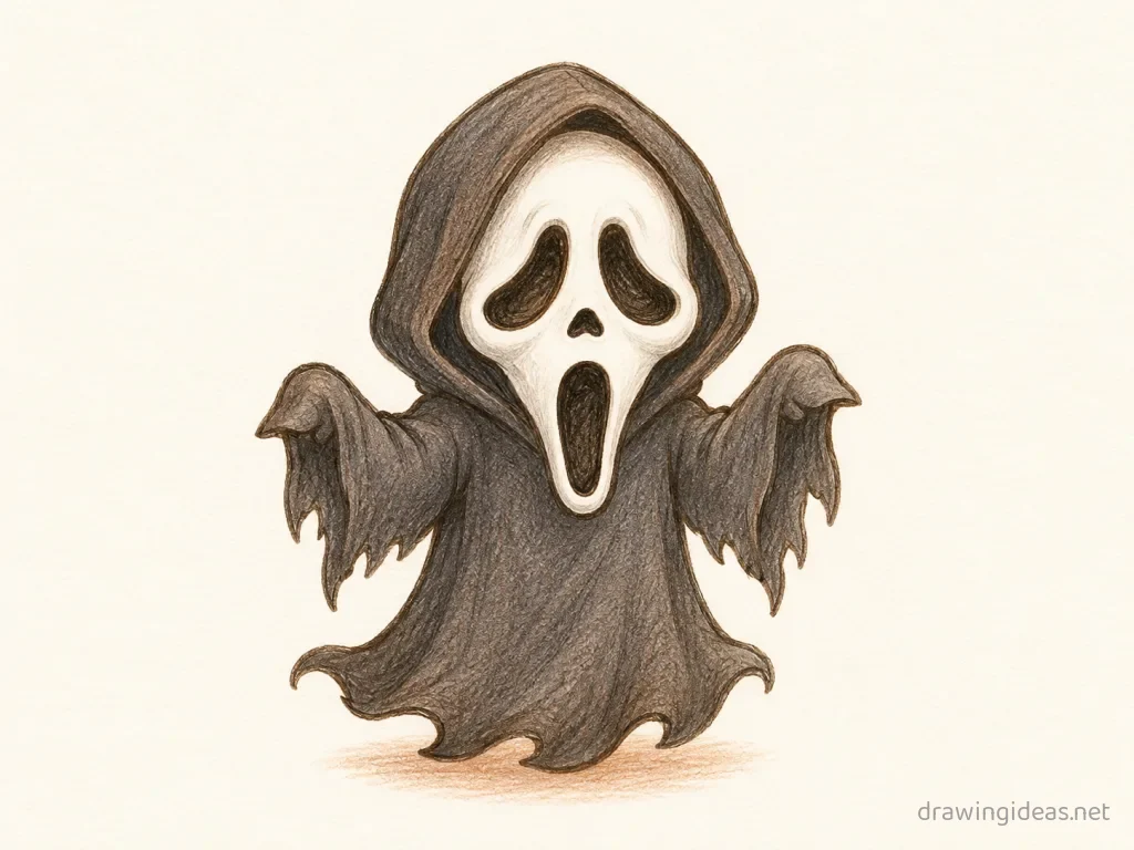 Ghostface drawing — hand-drawn Ghostface illustration with ink lines and soft colors
