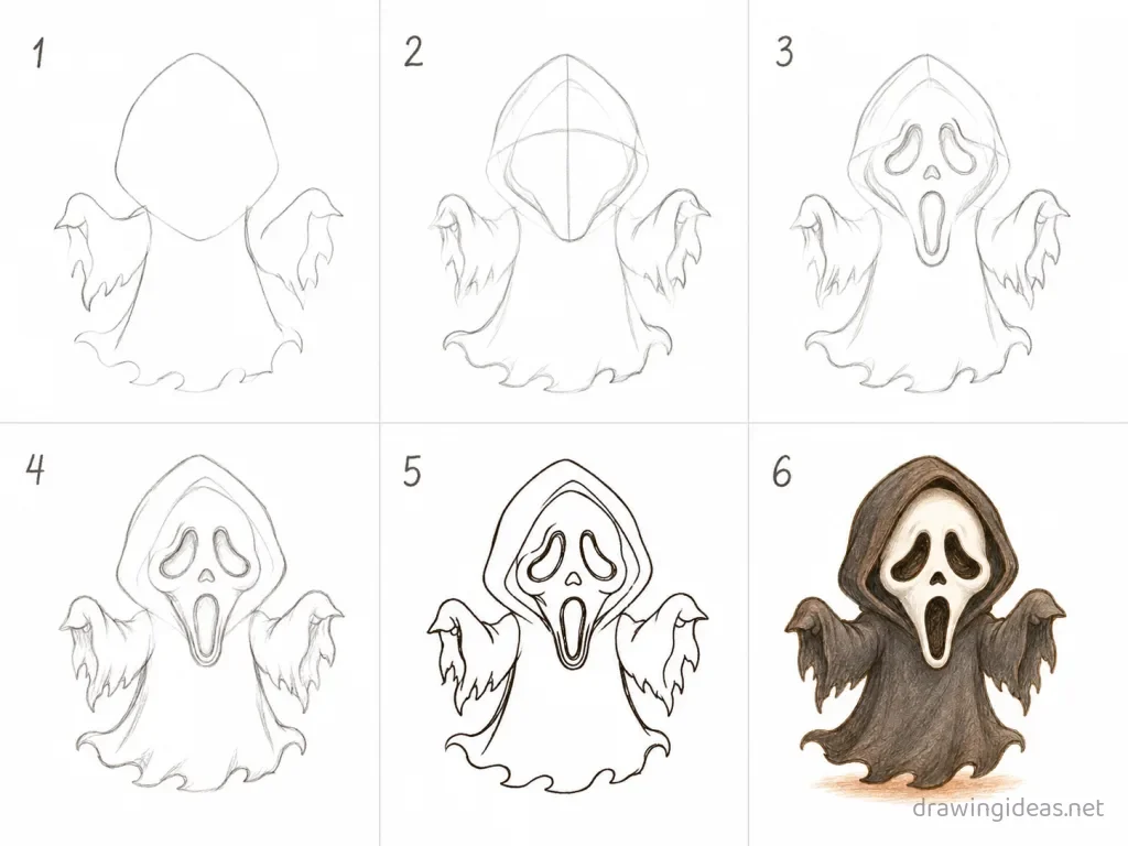 How to draw Ghostface step by step — 6-step Ghostface drawing tutorial grid