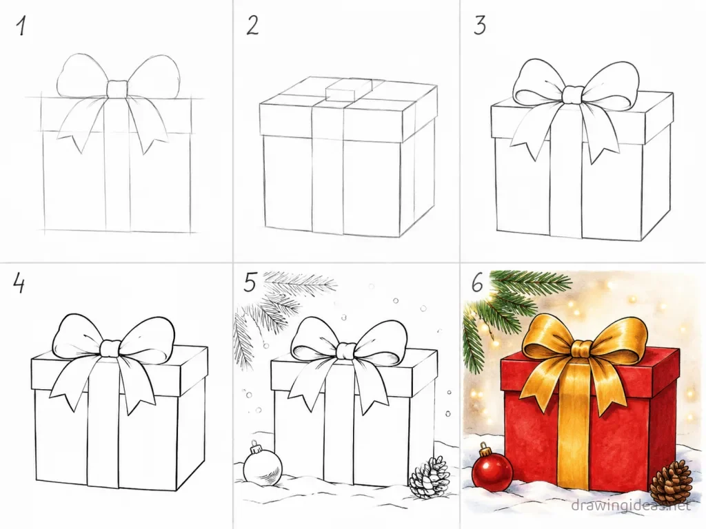 How to draw a gift step by step — 6-step gift drawing tutorial grid
