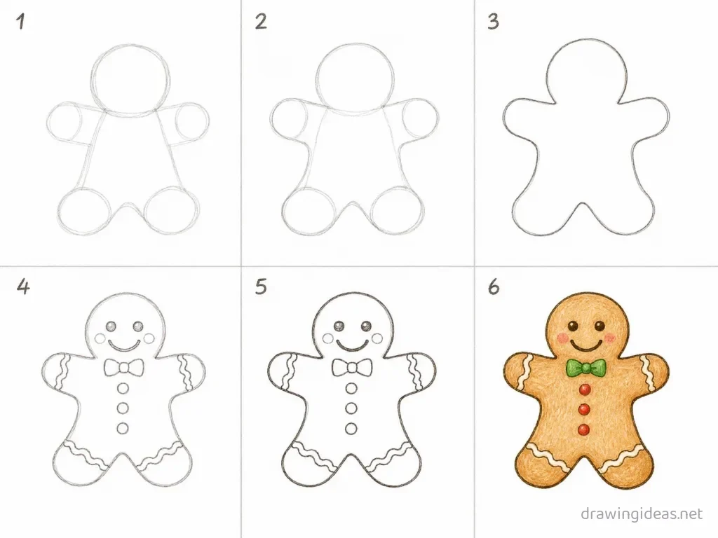 How to draw a gingerbread step by step — 6-step gingerbread drawing tutorial grid