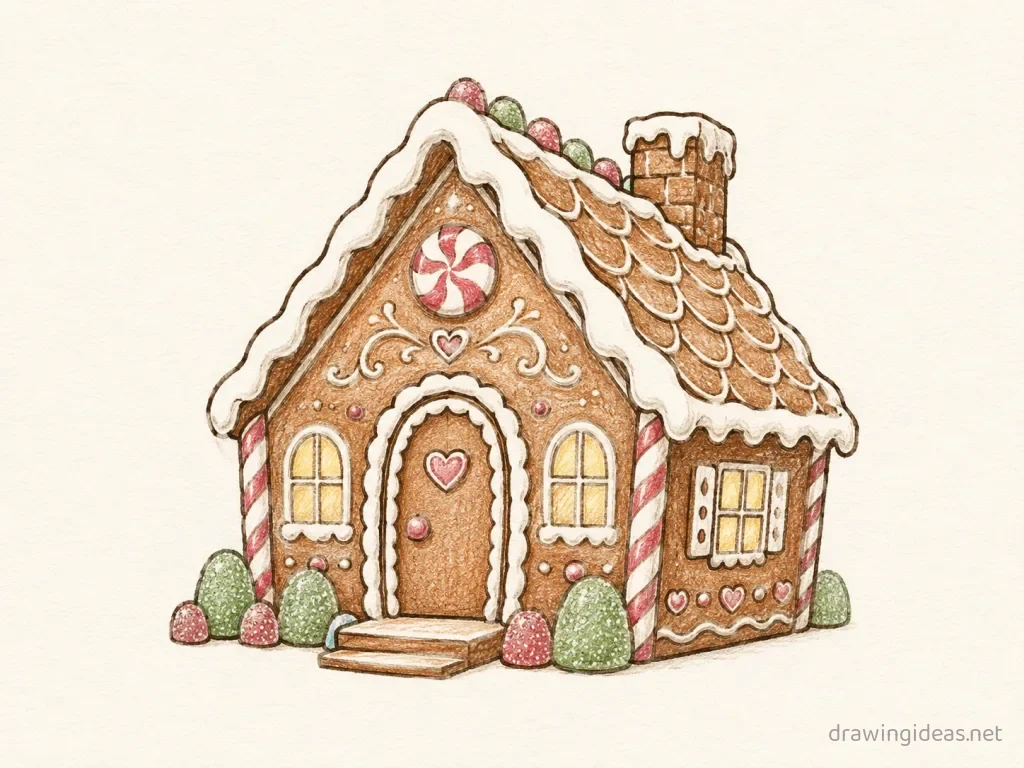 Gingerbread House drawing — hand-drawn gingerbread house illustration with ink lines and soft colors