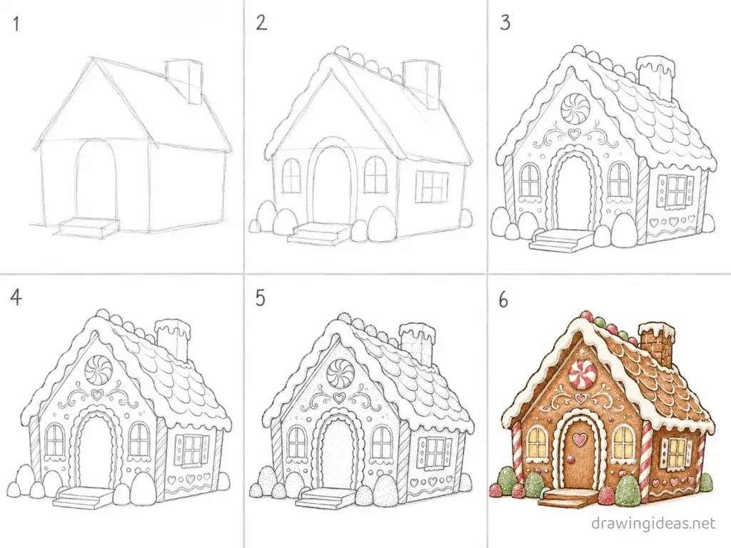 How to draw a gingerbread house step by step — 6-step gingerbread house drawing tutorial grid