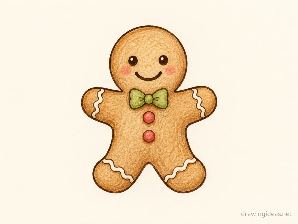Gingerbread Man drawing — hand-drawn gingerbread man illustration with ink lines and soft colors