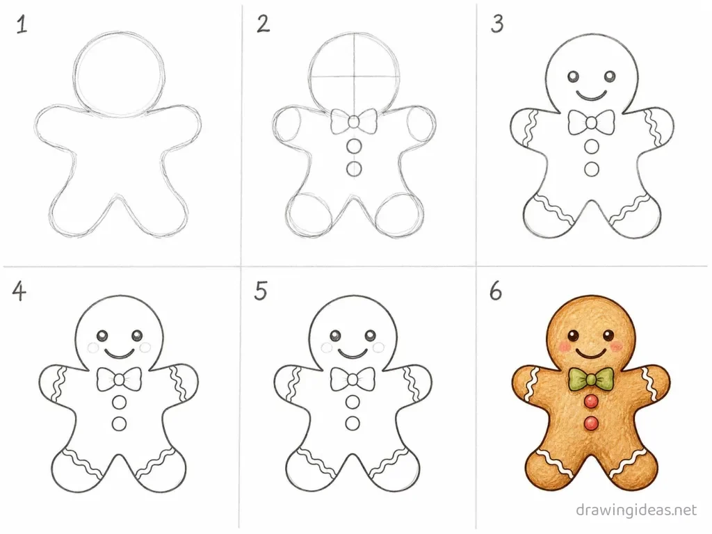 How to draw a gingerbread man step by step — 6-step gingerbread man drawing tutorial grid