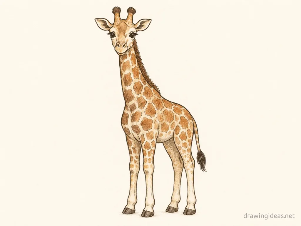 Giraffe drawing — hand-drawn giraffe illustration with ink lines and soft colors