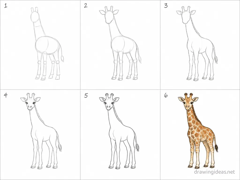 How to draw a giraffe step by step — 6-step giraffe drawing tutorial grid