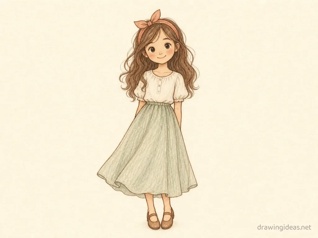 Girl drawing — hand-drawn girl illustration with ink lines and soft colors