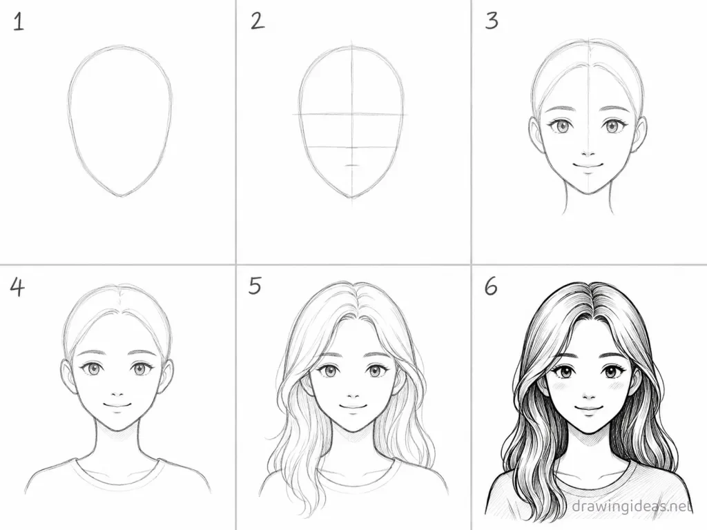 How to draw a girl step by step — 6-step girl drawing tutorial grid
