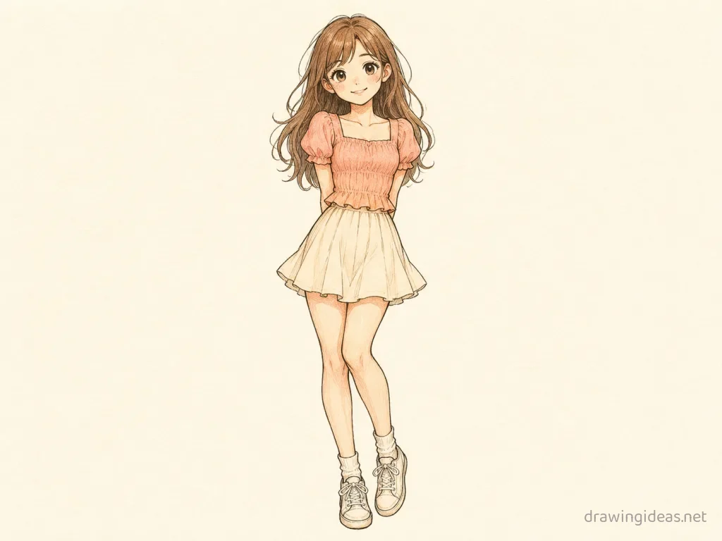 Girl Full Body drawing ā hand-drawn girl full body illustration with ink lines and soft colors