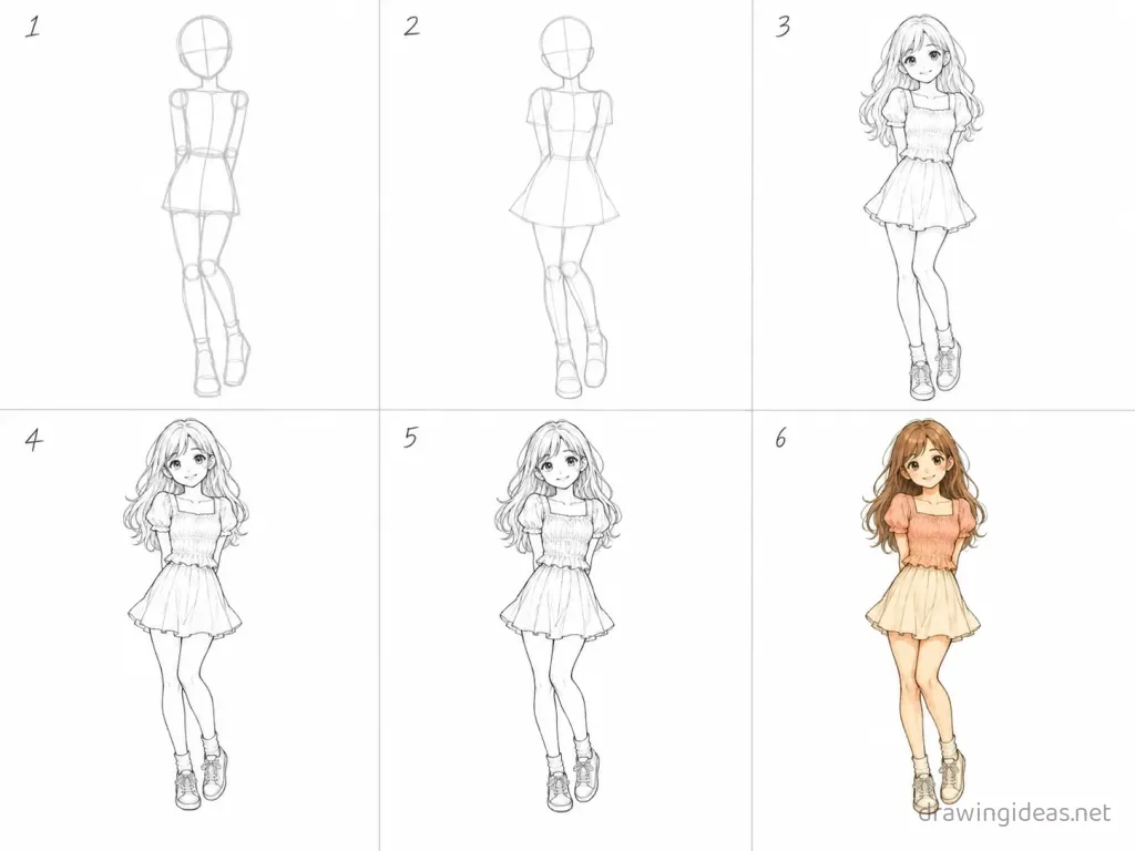 How to draw a girl full body step by step — 6-step girl full body drawing tutorial grid