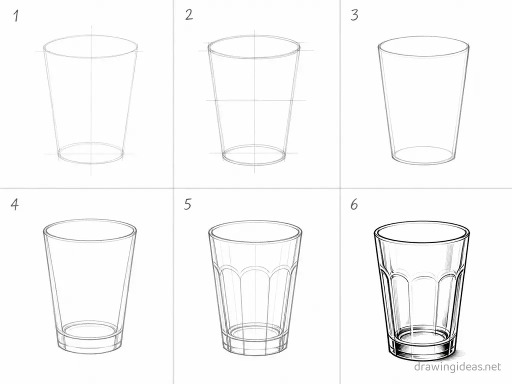 How to draw a glass step by step — 6-step glass drawing tutorial grid
