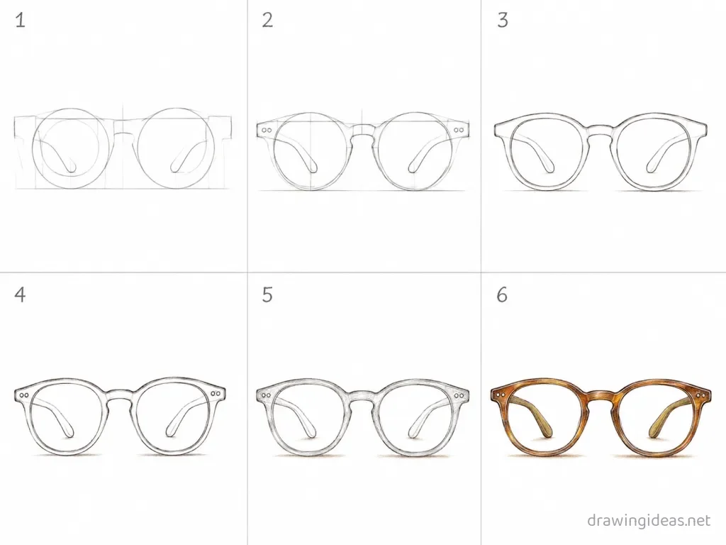 How to draw glasses step by step — 6-step glasses drawing tutorial grid