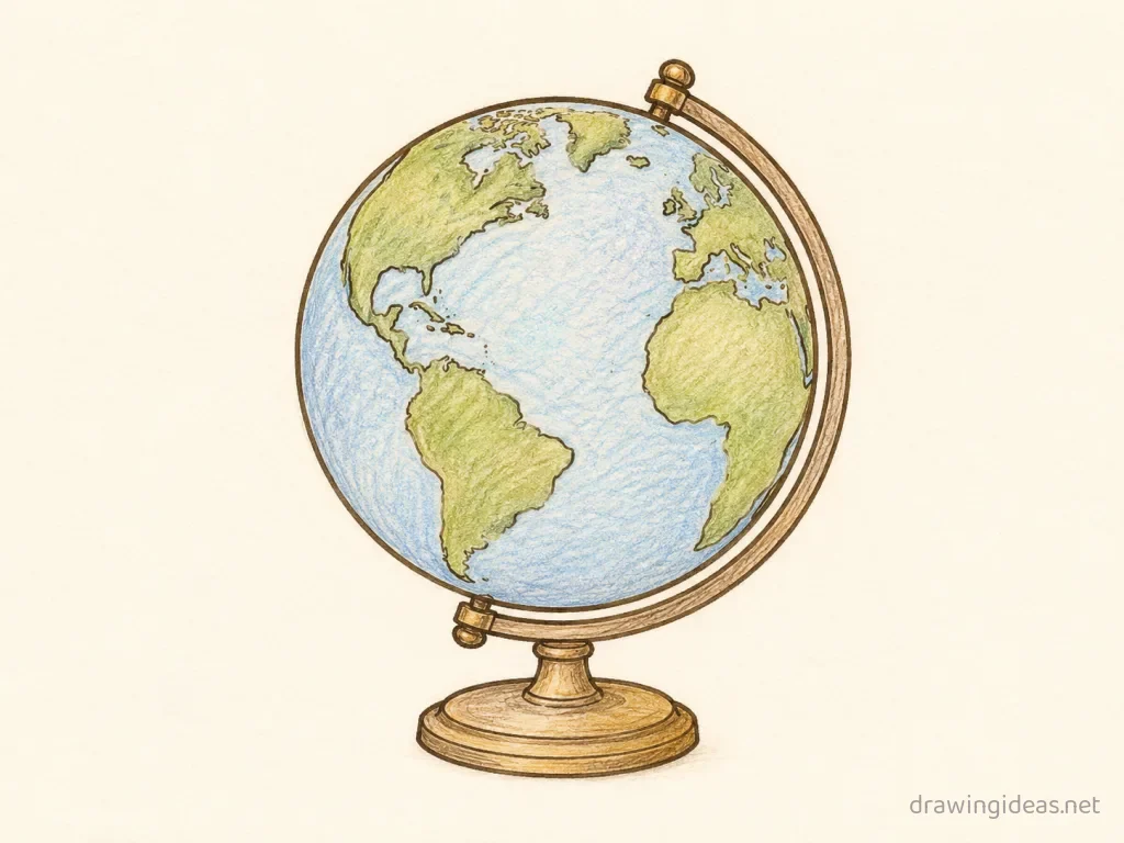 Globe drawing — hand-drawn globe illustration with ink lines and soft colors