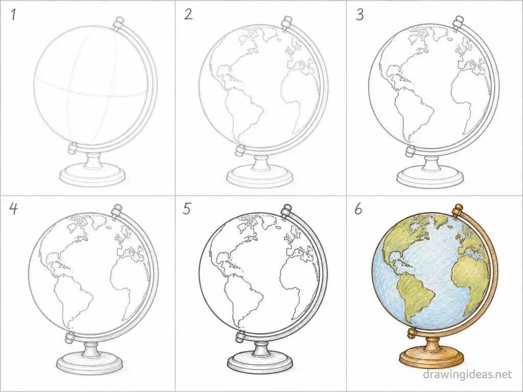 How to draw a globe step by step — 6-step globe drawing tutorial grid