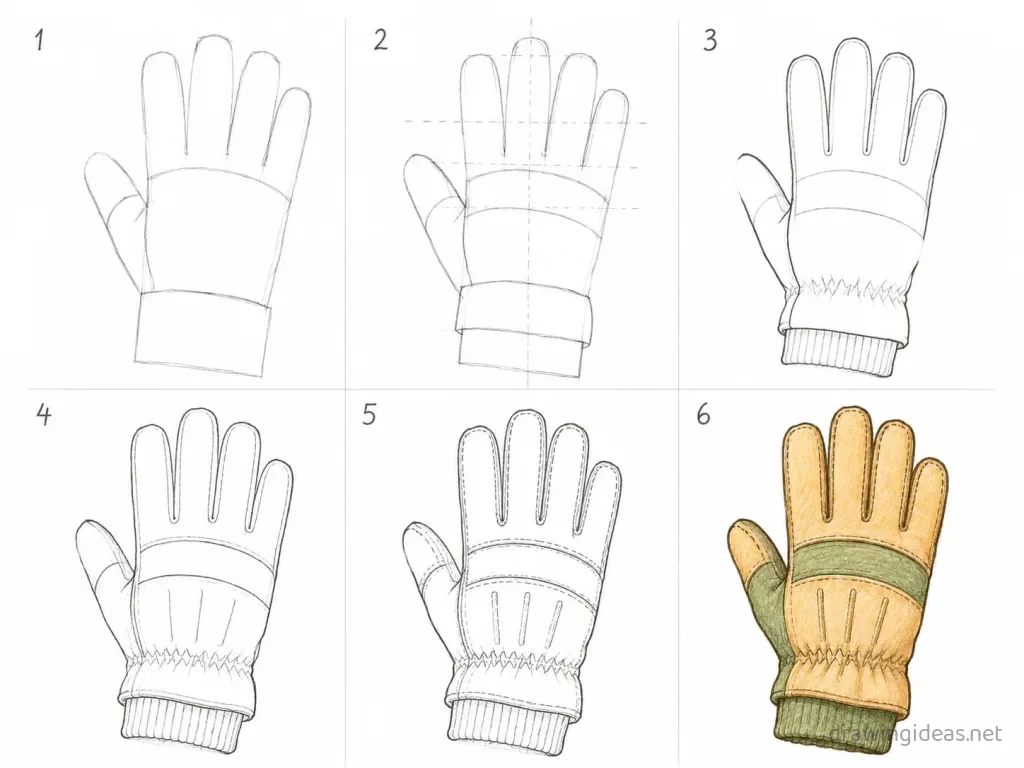 How to draw a glove step by step — 6-step glove drawing tutorial grid