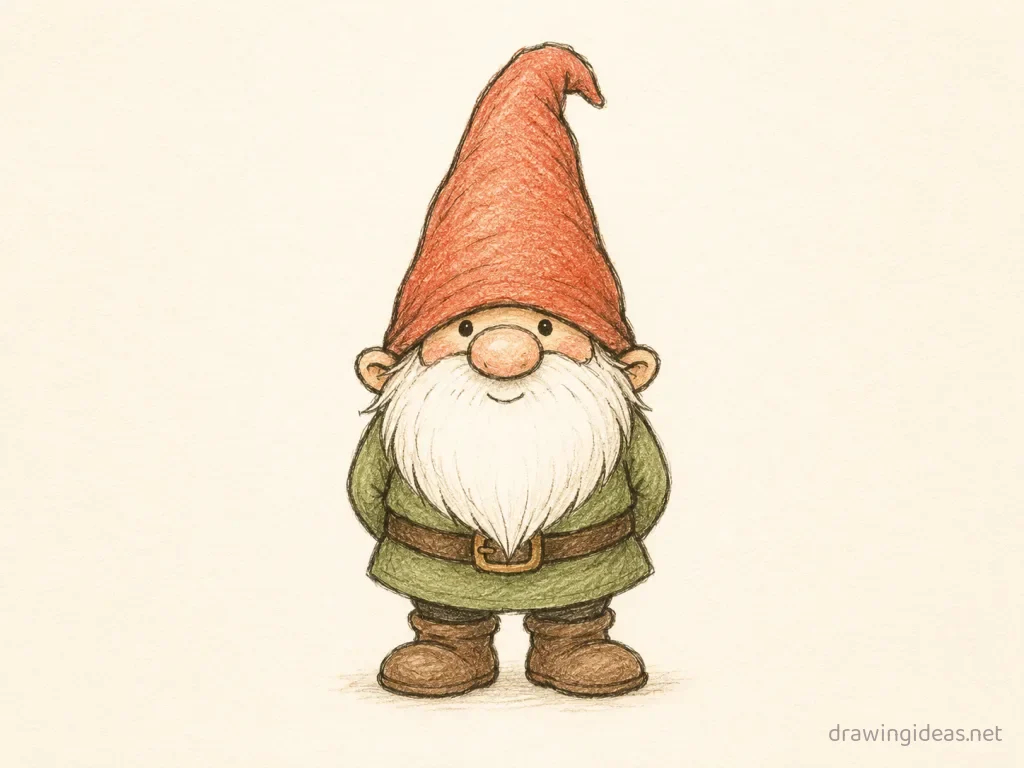 Gnome drawing — hand-drawn gnome illustration with ink lines and soft colors