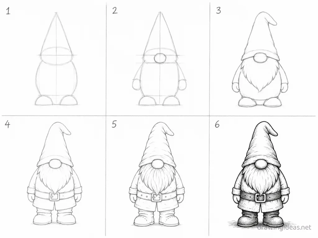 How to draw a gnome step by step — 6-step gnome drawing tutorial grid