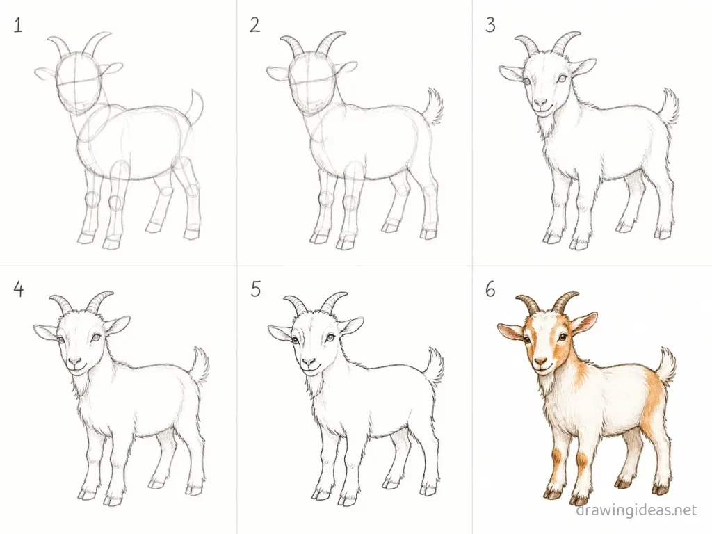 How to draw a goat step by step — 6-step goat drawing tutorial grid