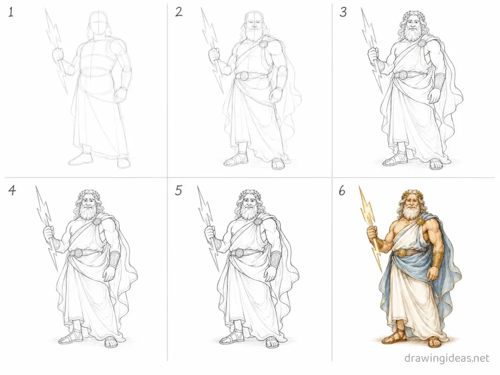 How to draw God step by step — 6-step God drawing tutorial grid