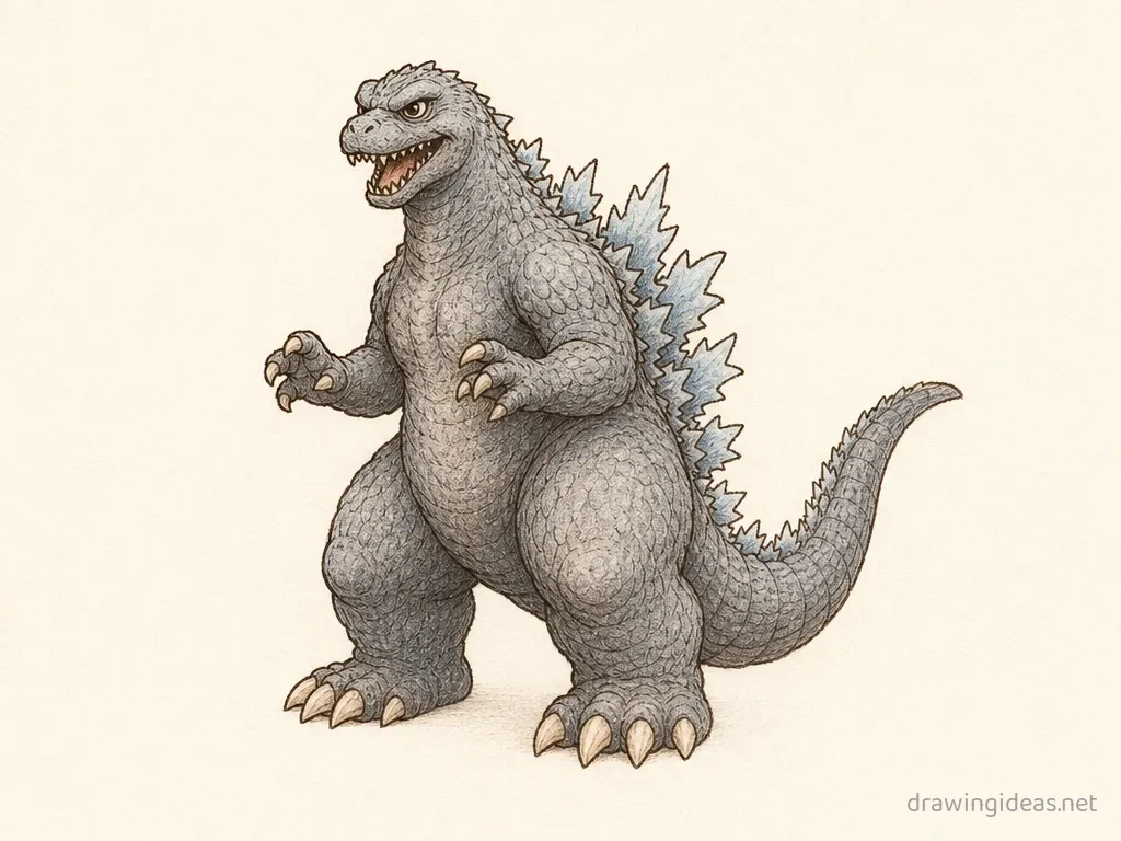 Godzilla drawing — hand-drawn Godzilla illustration with ink lines and soft colors