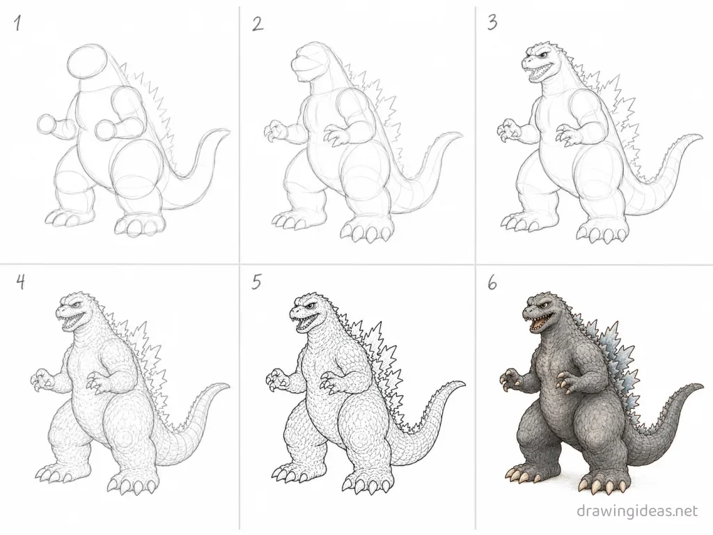 How to draw Godzilla step by step — 6-step Godzilla drawing tutorial grid