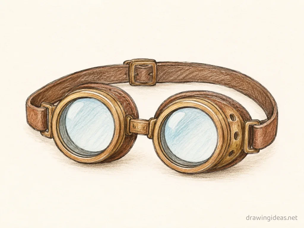Goggles drawing — hand-drawn goggles illustration with ink lines and soft colors