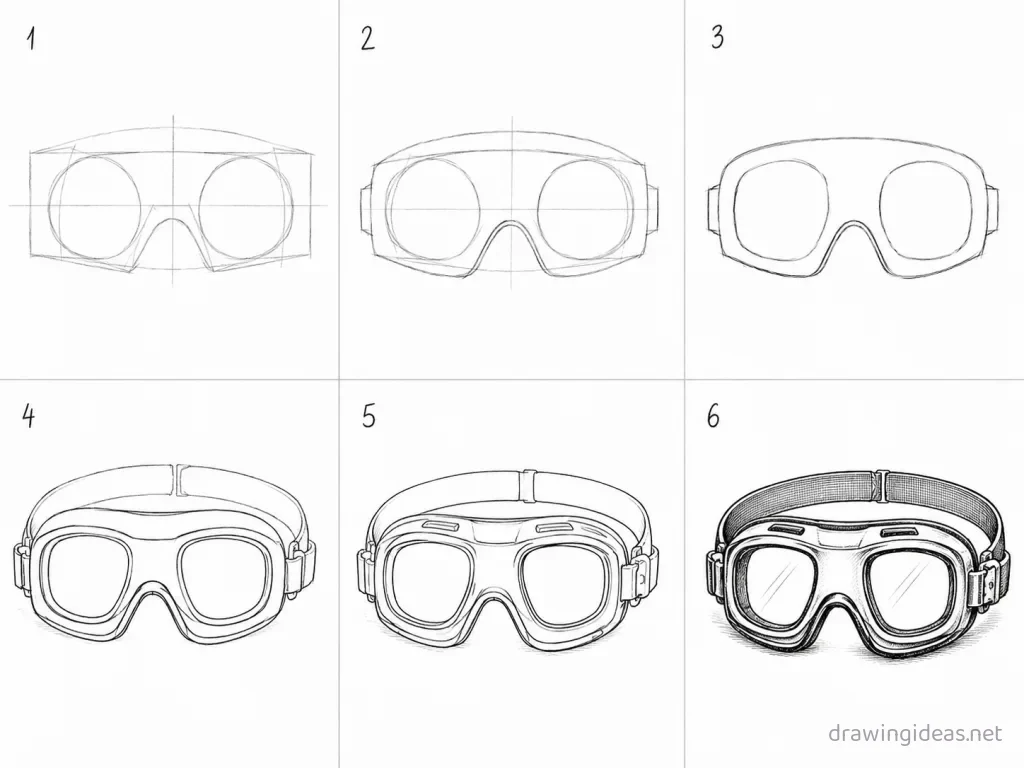 How to draw goggles step by step — 6-step goggles drawing tutorial grid