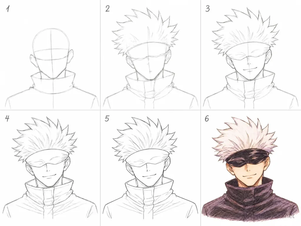 How to draw Gojo step by step — 6-step Gojo drawing tutorial grid