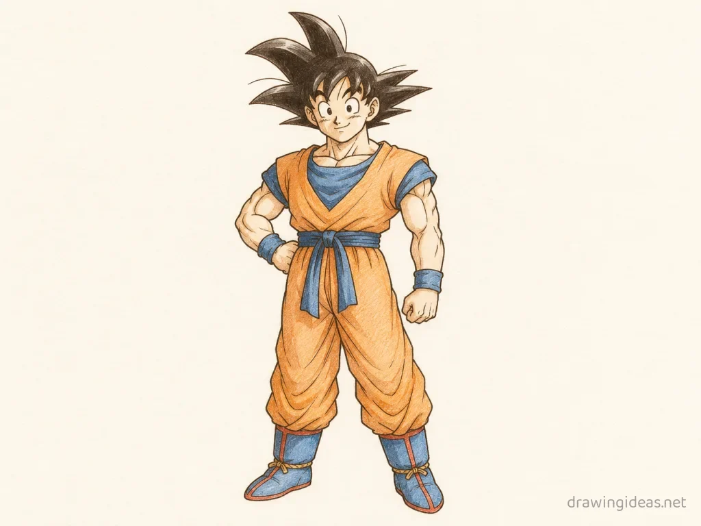 Goku drawing — hand-drawn Goku illustration with ink lines and soft colors